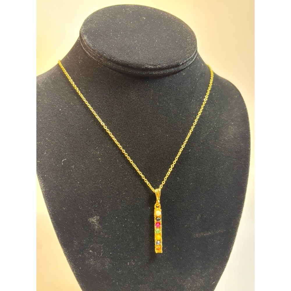 Gold Tone Bar Pendant Necklace with Multi Gemstones